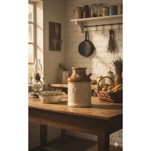 Vintage Stoneware Milk Crock Jug - Brown Glaze Ceramic Bottle with Handles